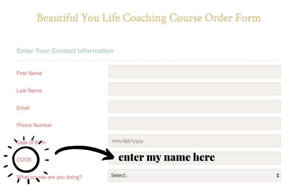 The image depicts a sign up page to become a BYCA coach with blank fields and the field names which need to be completed by the applicant. There is an arrow showing where the affiliate name needs to go.